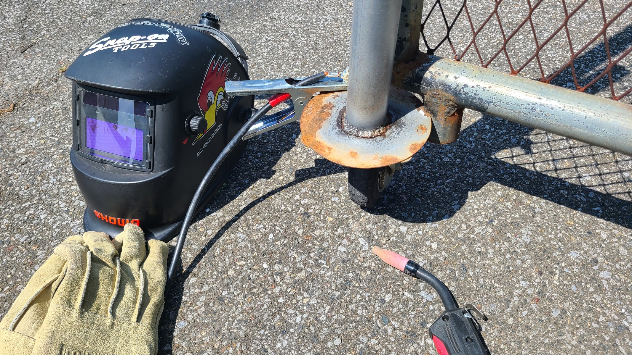 門扉 単管パイプ　発電機・溶接機で修理